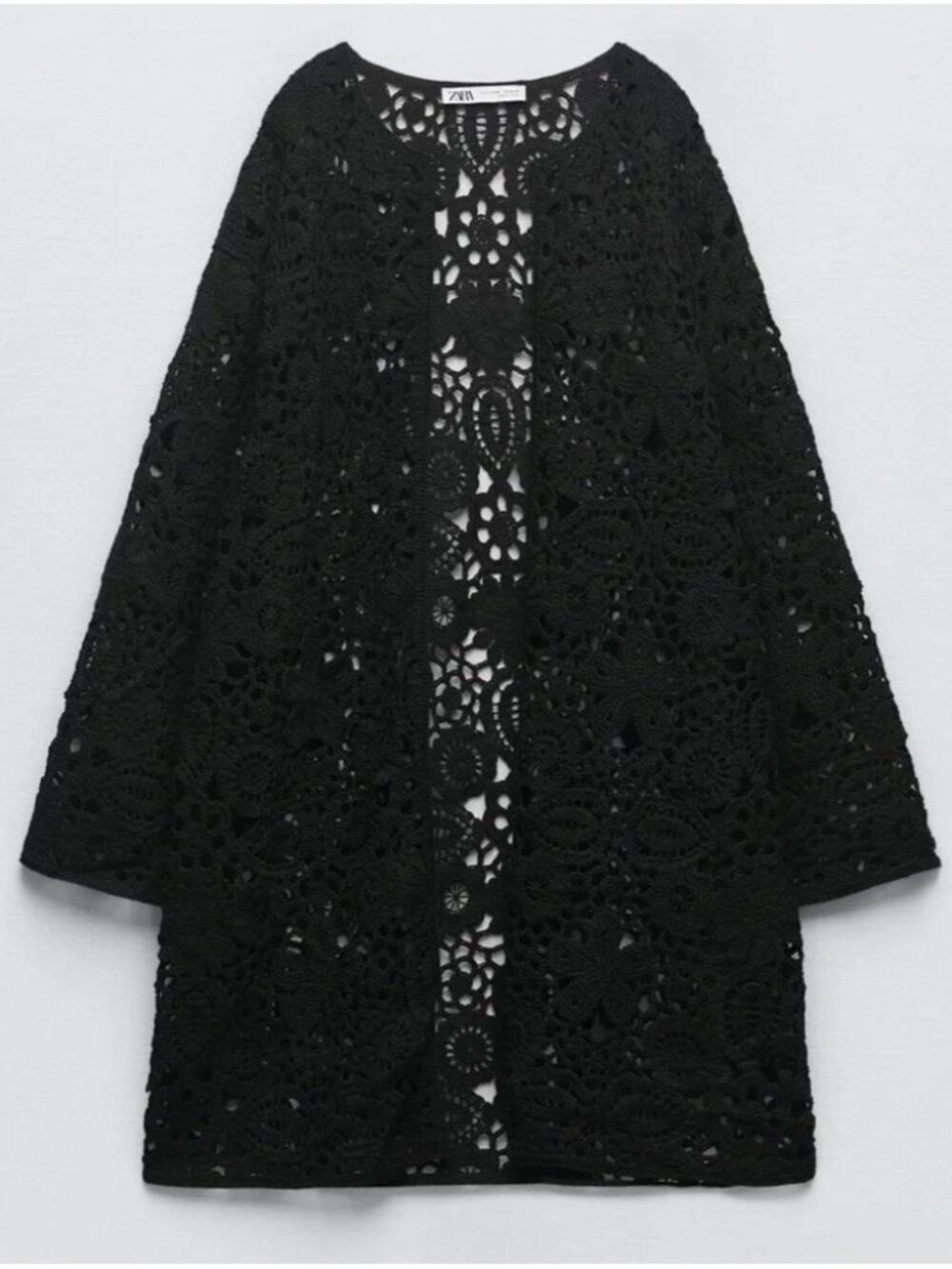Zara Black Crochet Lace Long Cardigan Duster Cover-Up